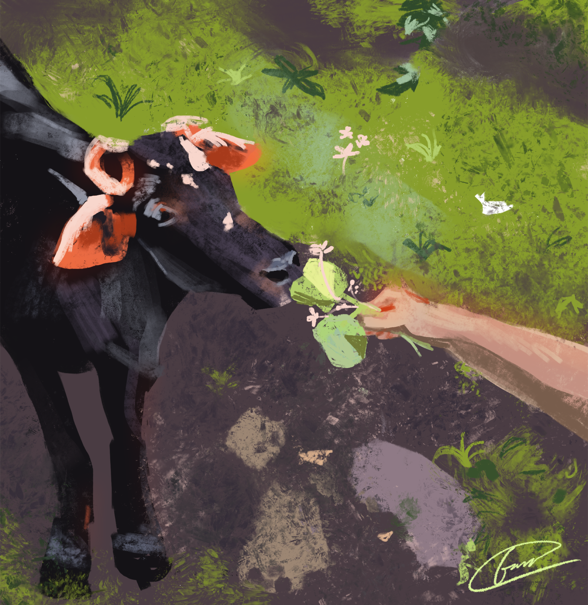 Storybook-style digital illustration of a cow with a clover field